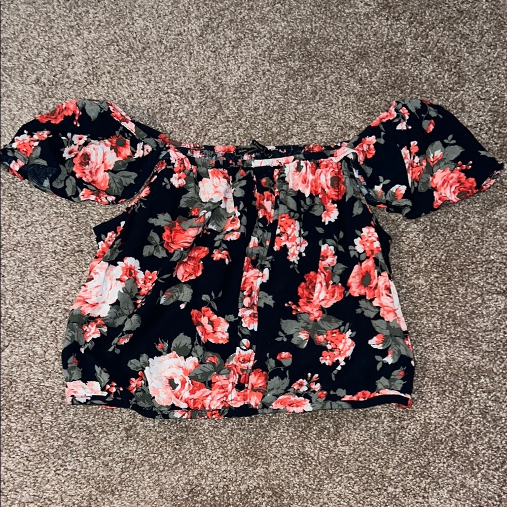 Floral Off-Shoulder Top - Black and Red